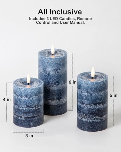 Stmarry Gradient Navy Blue Flameless Candles with Remote and Timer, Real Wax Made LED Pillar Candles Battery Operated with 3D Flickering Flame, 3" x 4",5",6", Navy Blue Decor, Set of 3 - color: Gradient Navy Blue