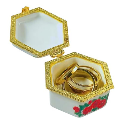 Tiny Hexagon Porcelain Trinket Box | Pink Rose Bouquet | French Style Gift Box with Velvet Bag - style: Pink Rose Bouquet Hexagon