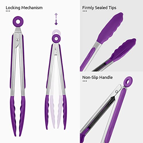 U-Taste 600ºF High Heat 9in Silicone Kitchen Tong and 600ºF Heat Resistat Spatula Spoon Flexible Silicone Cooking Scoop Spoonula (Purple)