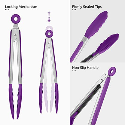 U-Taste 600ºF High Heat 9in Silicone Kitchen Tong and 600ºF Heat Resistat Spatula Spoon Flexible Silicone Cooking Scoop Spoonula (Purple)