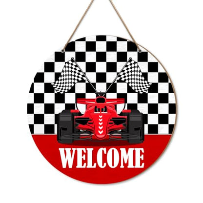 Welcome Race Car Black White Checkered Wood Hanging Sign Home Decor | Race Car Wooden Door Sign Decorations for Home Entryway Yard Porch