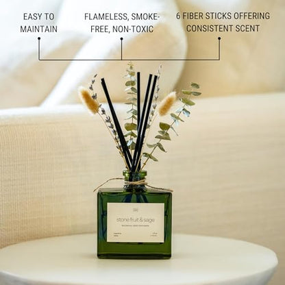 Craft & Kin Reed Diffuser with Dried Flowers | 5 oz Stone Fruit & Sage Scented Holiday Reed Diffusers for Home, Bathroom | Scent Sticks | Elegant Fragrance Home Decor for Men & Women - size: 5 oz