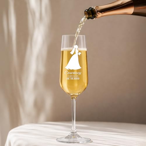 Personalized Bride and Groom Champagne Flutes – Engraved Wedding Glasses with Silhouette Design, Custom Names & Date, Wedding Toast Glasses (Champagne Flutes-D4) - color: Champagne Flutes-D4