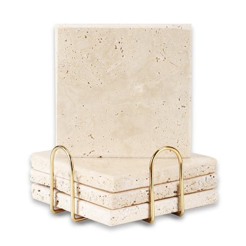4pcs 4" Travertine Marble Coasters for Drinks Natural Coasters Set,Square of Stone Drink with Gold Cup Holder,Non Slip Cork Backing,Protect Tables from Stains Scratches Housewarming Gift, Wedding - color: 4 Squares Coasters+ 1 Cup Holder