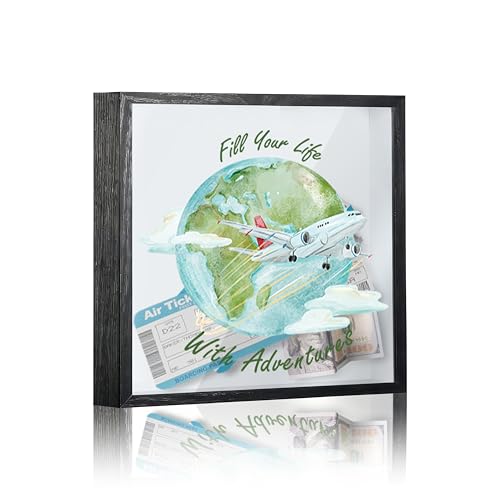 Travel Fund Box, 8×8 Fill Your Life with Adventures Shadow Box Frame with Slot, Piggy Bank Money Saving Decoration for Graduation Baby Shower Wedding, Watercolor Globe Memory Keepsake Gift -A12 - size: 8×8 fill your life with adventures