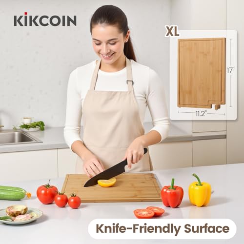Kikcoin Bamboo Cutting Boards for Kitchen, Extra Large Wood Cutting Board with Rotating Kickstand & Juice Groove, Wooden Chopping Board for Meats Veges Fruits, Heavy Duty Serving Tray, 17 x 11.3 inch - size: 17"L x 11.3"W