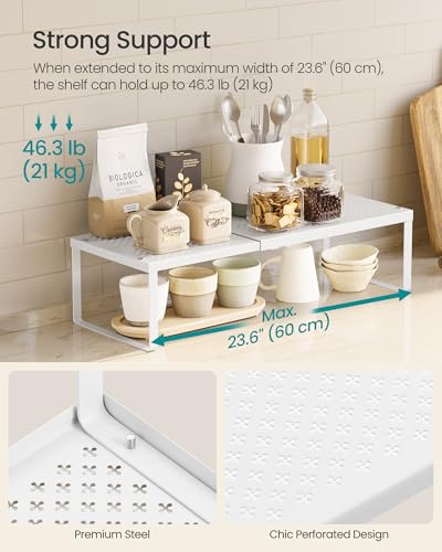 SONGMICS Spice Racks Expandable Kitchen Countertop Shelves, Metal | Set of 2 small cupboard organizers, space-saving tabletop shelves, Matte White, UKCS402W01 - color: Matte White, size: Set of 2
