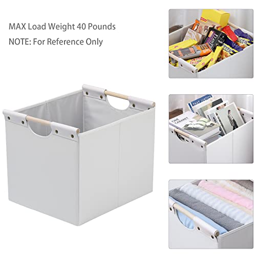 HOONEX Large Collapsible Storage Bins, Linen Fabric, Pack of 2, Storage Baskets with Wooden Carry Handles and Sturdy Heavy Cardboard, for Home, Office, Car, Nursery, White - color: White