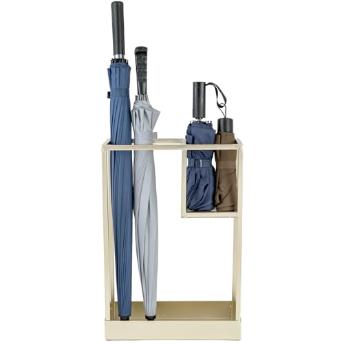 MyGift Modern Brass Tone Metal Entryway Umbrella Rack with Geometric Design, 13 x 5-inch Wide Rectangular Freestanding Cane Umbrella Holder with Shelf for Small Umbrellas and Bottom Drip Catch Tray - color: Brass, size: 13.4″(Rectangle)