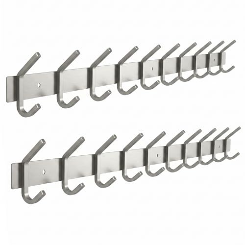 Coat Rack Wall Mount – Brushed Nickel 30 Inch Stainless Steel Hook Rail with 10 Heavy Duty Double Coat Hooks – Wall Mounted Coat Hanger for Entryway, Bathroom, Bedroom, Towel, Hat Organizer - 2 Pack - color: Silver, size: 10 Hooks - 2 Pack