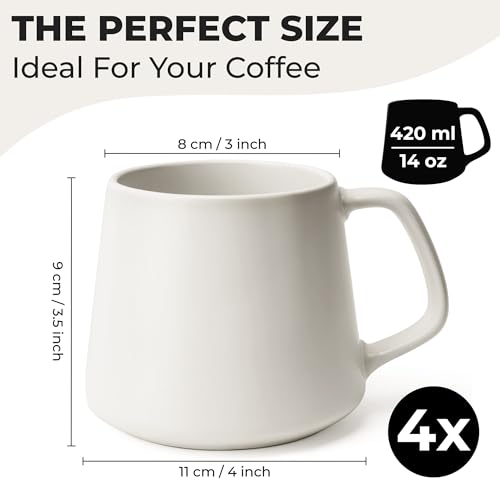 MIAMIO - Coffee Mugs Set of 4, Ceramic (14oz) - Luxe (Cream White) | Large Ceramic Coffee Mugs for Cappuccino, Tea and Espresso, Tea / Coffee Mug 4-Piece Set, Cup Set - dishwasher safe - color: White Series