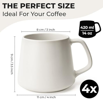 MIAMIO - Coffee Mugs Set of 4, Ceramic (14oz) - Luxe (Cream White) | Large Ceramic Coffee Mugs for Cappuccino, Tea and Espresso, Tea / Coffee Mug 4-Piece Set, Cup Set - dishwasher safe - color: White Series