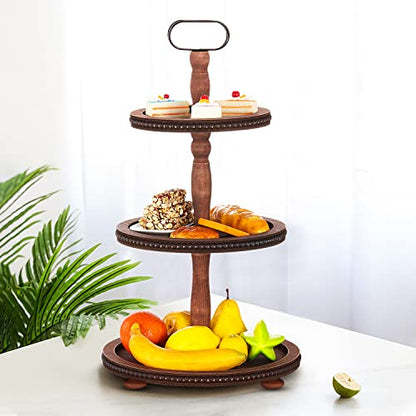 Urban Deco Wooden Tiered Tray 3-Tier Decorative Tray Stand Farmhouse Serving Tray, Round Wooden Cupcake Display Stand with Metal Handle, Brown Tiered Fruits Tray for Home Party Decorations - style: 3 tier-brown