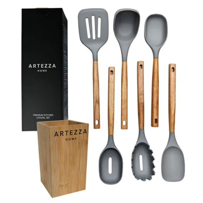 Premium Silicone Kitchen Utensil Set – 7-Piece Cooking Tools with Acacia Wood Handles and Bamboo Holder, Non-Stick, Heat Resistant, BPA-Free, Elegant Kitchen Gift (Grey -7pcs) - color: Gray