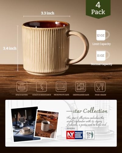 famiware Coffee Mug Set of 4, Star 12 oz Ceramic Mugs Cups Set with Handle | Stoneware Stackable Catering Cup for Coffee, Tea, Cappuccino, Latte, Microwave & Dishwasher Safe, Cream Cocoa - color: Star-Cream Cocoa, size: 4 Count (Pack of 1)