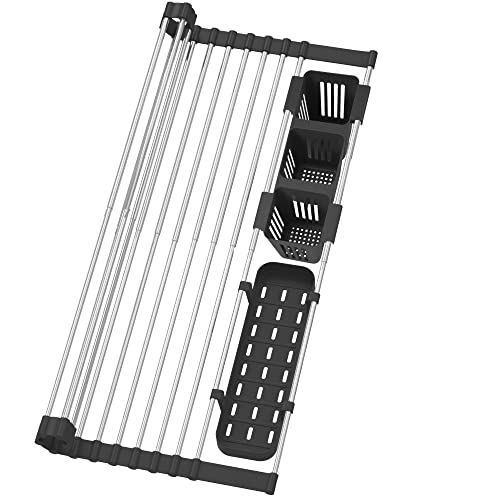 Black Expandable Roll Up Dish Drying Rack Up to 22.8''with 2 Storage Baskets,Over The Sink Kitchen Rolling up Dish Drainer Drying Rack , Foldable,Rollable,for Kitchen Dishes(Expandable Width Size) - color: Black