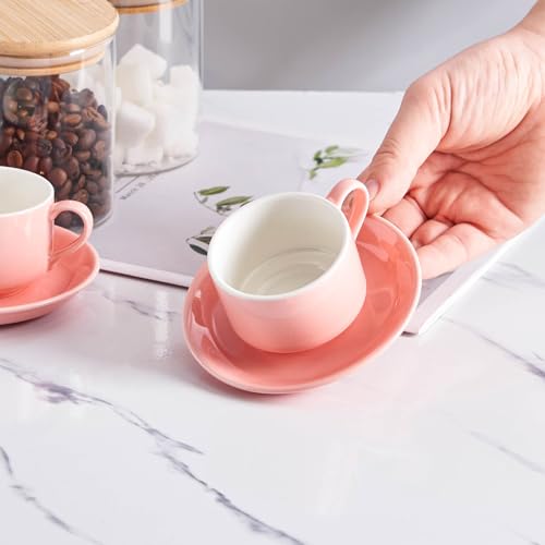 YOLIFE 2.5oz Espresso Cups Set of 4, Porcelain Stackable Espresso Cups, Expresso Shots Cup Set with Saucers and Metal Stand-Pink - color: Pink, size: 2.5oz