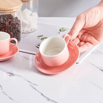 YOLIFE 2.5oz Espresso Cups Set of 4, Porcelain Stackable Espresso Cups, Expresso Shots Cup Set with Saucers and Metal Stand-Pink - color: Pink, size: 2.5oz