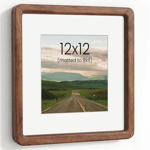 Acovy 12x12in Picture Frame, Natural Solid Walnut | Handcrafted Wooden Photo Frame, Dual Use for Wall Mount, Matted to Fit 8"x8" Photos, HD Tempered Glass - color: Walnut, size: 12x12in