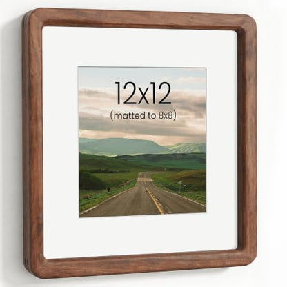Acovy 12x12in Picture Frame, Natural Solid Walnut | Handcrafted Wooden Photo Frame, Dual Use for Wall Mount, Matted to Fit 8"x8" Photos, HD Tempered Glass - color: Walnut, size: 12x12in