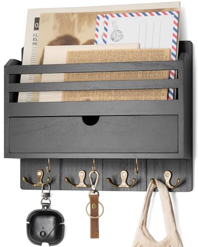Rebee Vision Mail Organizer Wall Mount with 7 Key Hooks for Entryway, Black | Key and Mail Holder for Wall, Storage Drawer, Key Hanger, Mail Sorter, Home Decor, Hallway and Office, Entryway Organization - color: Black