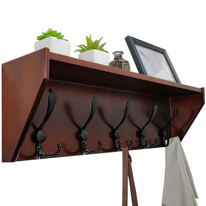 WEBI Coat Rack Wall Mount with Shelf,24" Long Wall Shelf with Hooks Underneath,5 Triple Hooks for Entryway,Hallway,Bedroom,Cherry - color: Cherry, size: 24 Inch