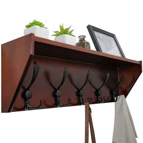 WEBI Coat Rack Wall Mount with Shelf,24" Long Wall Shelf with Hooks Underneath,5 Triple Hooks for Entryway,Hallway,Bedroom,Cherry - color: Cherry, size: 24 Inch