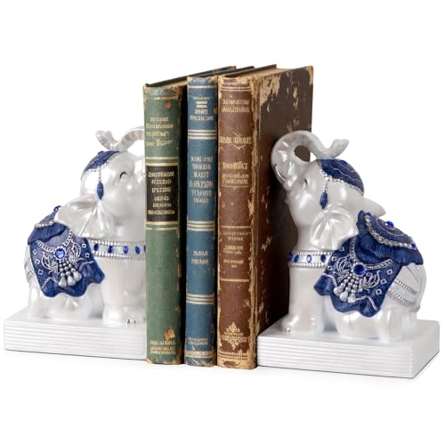 Elephant Bookends for Shelves, Decorative Bookends, Book Holders with Anti-Slip Pad for Book Lovers Heavy Book Stopper for Home Office Decor (Blue&White) - color: Blue&white