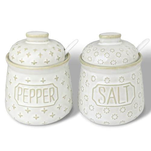 GDCZ 10 Oz Ceramic Salt and Pepper Bowls Set with Lid and Spoons (White) | Convenient Set of 2 for Kitchen, Includes Lids & Matching Spoons, 10oz Capacity, Embossed Texture - color: White