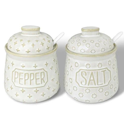 GDCZ 10 Oz Ceramic Salt and Pepper Bowls Set with Lid and Spoons (White) | Convenient Set of 2 for Kitchen, Includes Lids & Matching Spoons, 10oz Capacity, Embossed Texture - color: White