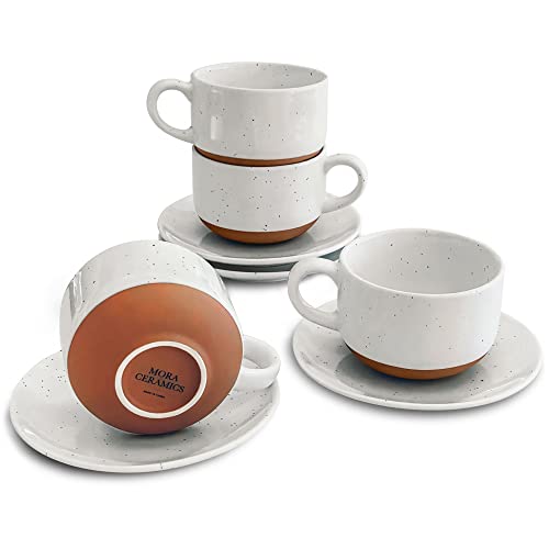 Mora Ceramics 8oz Cappuccino Mug Set of 4 - Ceramic Coffee Cups with Saucers - Microwave and Dishwasher Safe, Perfect For Tea, Espresso, Latte - Porcelain Mugs for Kitchen or Cafe - Vanilla White - color: Vanilla White