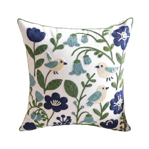 YIcabinet Pack of 2 Throw Pillow Covers, Embroidered Bird Flowers Pattern Throw Pillow Cover,Square Cotton Cushion,Pillow Case for Sofa Bedroom Couch,18"x18" - color: White18
