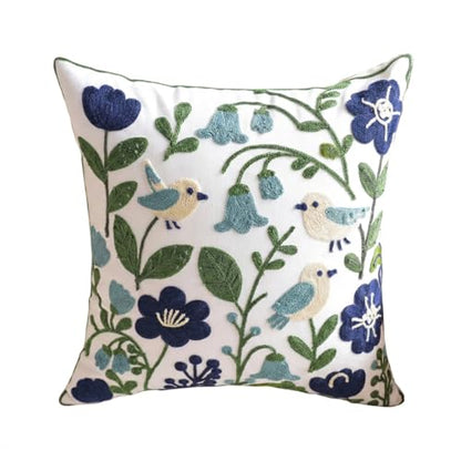 YIcabinet Pack of 2 Throw Pillow Covers, Embroidered Bird Flowers Pattern Throw Pillow Cover,Square Cotton Cushion,Pillow Case for Sofa Bedroom Couch,18"x18" - color: White18