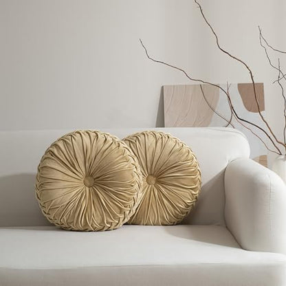 HIG Set of 2 Apricot Velvet Decorative Round Pleated Throw Pillows - color: Apricot