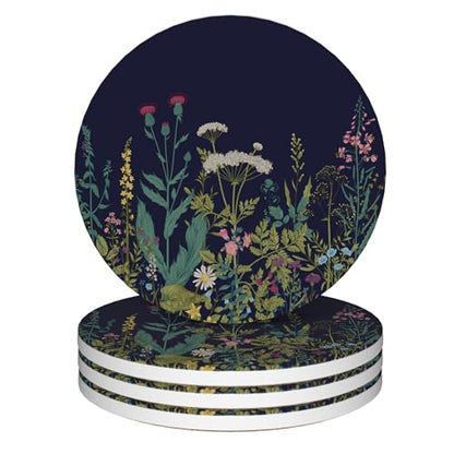 Coasters for Drinks, Set of 4 Absorbent Ceramic Coasters, Wild Flowers Herbs Botanical Design, Round Shape, Perfect for Coffee Table Protection - color: Wild Flowers Herbs Botanical