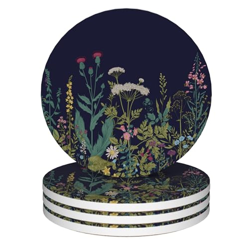 Coasters for Drinks, Set of 4 Absorbent Ceramic Coasters, Wild Flowers Herbs Botanical Design, Round Shape, Perfect for Coffee Table Protection - color: Wild Flowers Herbs Botanical