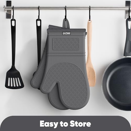 Silicone Oven Mitts, Heat Resistant Oven Gloves with Quilted Liner, Waterproof & Non-Slip Kitchen Mittens for Baking Cooking BBQ, 500°F, 12.5"-Deep Gary - color: Deep Gary