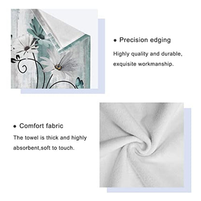 Bath Towels Set Farm Teal Daisy Floral Flowers Butterfly on Country Wooden 3 Piece Towel Set(1 Luxury Bath Towel 1 Hand Towel 1 Washcloth) Soft Absorbent Decorative Bathroom Kitchen Towels