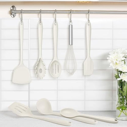 TeamFar Silicone Cooking Utensils Set, 8 PCS Kitchen Utensils Set, White | 446°F Heat Resistant Turner, Spatula, Spoon, Whisk, Kitchen Cooking Gadgets Tools, for Nonstick Cookware, Dishwasher Safe - color: White