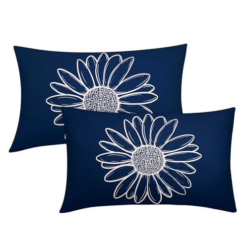 Navy Blue Daisy Flowers Lumbar Pillow Covers Spring Summer Floral Bloom Decorative Pillow Cases Seasonal Modern Throw Pillows 12X20 Inch Set of 2 Farmhouse Home Decor for Sofa Couch