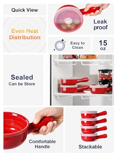 LE TAUCI Soup Bowls with Silicone Lids and Handles, 15 Oz French Onion Soup Bowls, Non-Toxic Ceramic Soup Crocks for Noodles, Stew, Cereal and Chilli, Oven Microwave Dishwasher Safe, Set of 4, Red - color: Red
