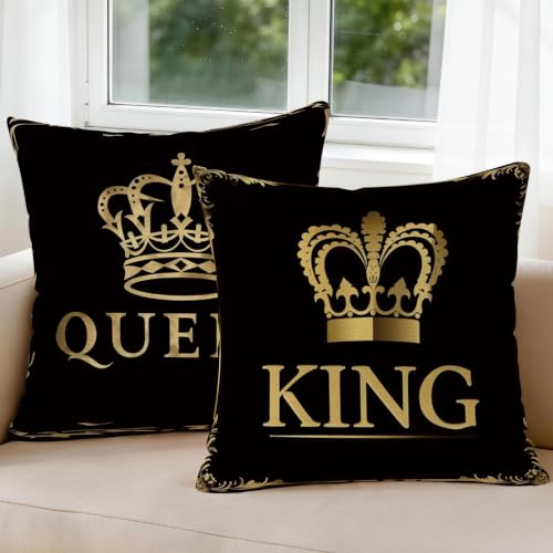Black Gold Crown Pillow Covers Set of 2, 18x18 Couple Decor | Premium Faux Linen Black Gold Crown Pillow Covers Create Romantic Couple Decor for Sofa Bedroom Valentine's Day - color: King Queen, size: 18" x 18" (Pack of 4)