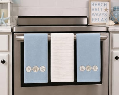 Coastal Kitchen Towels- Set of 3 Blue White 100% Cotton Embroidered Elegant Coastal Shells Gold Design - 16 x 26 Multipurpose Towels for Everyday Use - color: Coastal Shells Gold