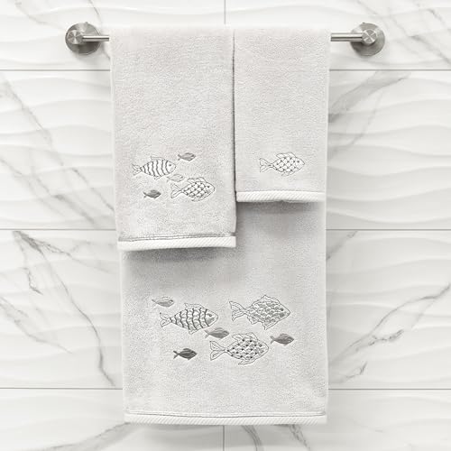 Treasure 4-Piece Premium Towel Set, Sparkling Applique Fish, Ultra Plush Turkish Cotton, Durable, Perfect for Bathroom, 2 Bath 2 Hand Towels, Silver - color: Silver, size: 2 Pcs Bath 2 Pcs Hand Towel