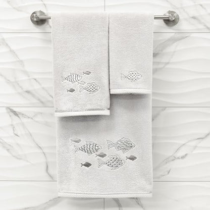 Treasure 4-Piece Premium Towel Set, Sparkling Applique Fish, Ultra Plush Turkish Cotton, Durable, Perfect for Bathroom, 2 Bath 2 Hand Towels, Silver - color: Silver, size: 2 Pcs Bath 2 Pcs Hand Towel
