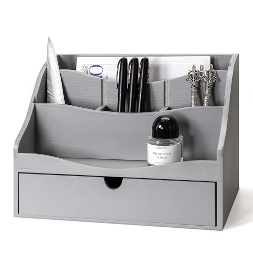 Rebee Vision Mail Organizer for Desk with Drawer Home & Office Decor, Gray | Rustic Mail Sorter, Countertop Organizer, 4-Slot Letter Sorter, Letter and File Storage, Wooden Folder Organizer with Drawer - color: B-Gray