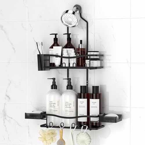 Rustproof Shower Caddy Hanging with Soap Holders for Bathroom, Black | Shower Organizer with Multi Hooks Toothbrush Holder, No Drilling, Anti-Swing, Storage for Shampoo Conditioner Body Wash - color: Black