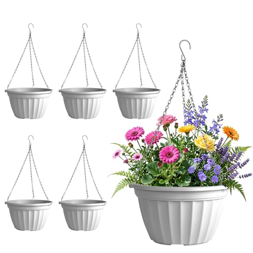 FGstyle 6 Pack 8 Inch Hanging Planters,Hanging Baskets for Plants Outdoor | Self Watering Plastic Hanging Flower Pots with Soil Elevator and 20" Chain for Home Garden Porch Balcony Patio Decor(White) - color: White, size: 8 inch-6 pack