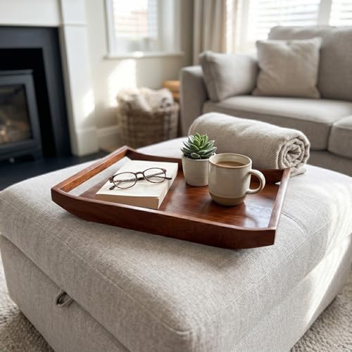 Wooden Serving Tray Set of 2 | Big Size 16x12 & 14x10 Inches | Premium Finish Wood Serving Platters with Handles | Breakfast, Coffee, Food Serving Tray for Home, Kitchen, Restaurant & Décor