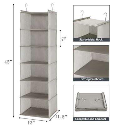 MAX Houser 6 Tier Shelf Hanging Closet Organizer, Closet Hanging Shelf with 2 Sturdy Hooks for Storage,2 Pack, Foldable (Light Grey) | Dorm Room Essentials with 2 sturdy hooks, foldable lightweight fabric closet storage, space-saving design for Bedroom -